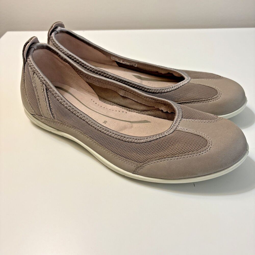 ECCO Bluma Leather Mesh Ballet Sporty Flats Moon-rock Beige Size 39 US 8